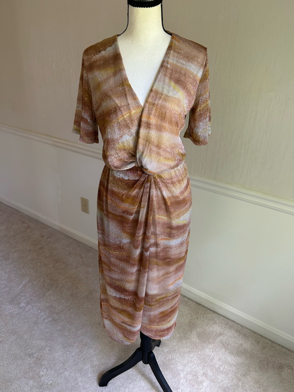 Shimmer Tie Dye Twist Front Midi Dress Small Brown Gold Metallic Stretch V Neck